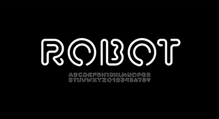 Wall Mural - digital style alphabet, font from white wire, letters and numbers made in linear style, vector illus
