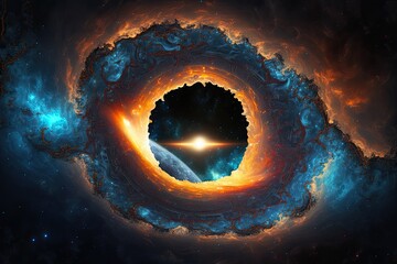 Wall Mural - Fantasy alien galaxy background with orange and blue shimmering stars and clouds. Black hole core spanning several locations in space. another dimensional portal This image's components were provided