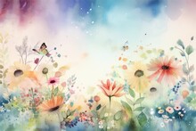  A Painting Of Flowers And A Butterfly Flying Over Them In The Sky.  Generative Ai