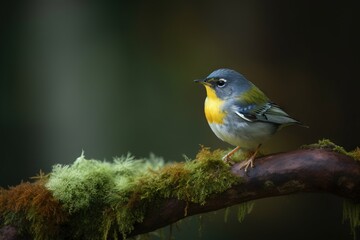 Sticker -  a small bird perched on a branch with moss growing on it.  generative ai