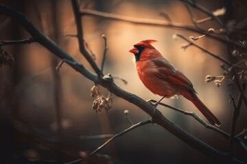 Sticker -  a red bird sitting on a branch of a tree in a forest.  generative ai