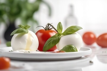  a plate of mozzarella and tomatoes on a table.  generative ai