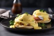  a black plate topped with eggs benedict and hollandaise.  generative ai