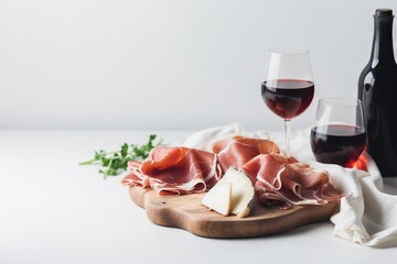  a wooden cutting board topped with meat and cheese next to two wine glasses.  generative ai