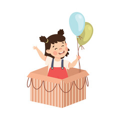 Canvas Print - Opened gift box with cute happy girl. Sweet little girl with balloons making surprise at birthday party cartoon vector illustration