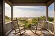 porch with rocking chairs and view of the beach on cape cod, created with generative ai