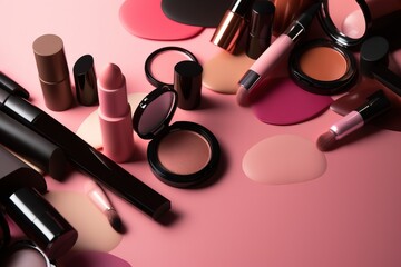  a collection of cosmetics and makeup products on a pink background.  generative ai