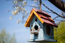 Painted Birdhouse With Hanging Feeder And Blue Sky In The Background, Created With Generative Ai