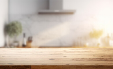 Wall Mural - Empty beautiful wood table  top counter  and blur bokeh modern kitchen interior background in clean and bright,Banner, Ready for product montage