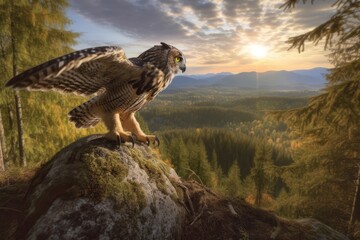 Wall Mural - The low Tatra Mountains are home to a Eurasian eagle owl that flies over the treetops. Generative AI