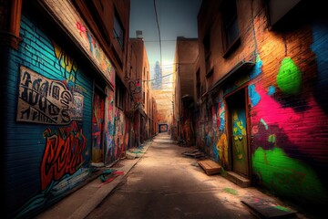 Wall Mural - graffiti alley, lined with colorful paintings and tags, created with generative ai