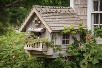 Sticker - birdhouse and feeder on exterior of cape cod house, created with generative ai