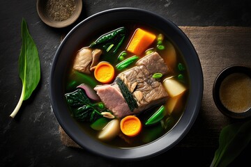 Black dish of Sinigang na Baboy, or Filipino Pork Meat Soup, against a dark slate background. Filipino food called sinigang includes beef, bamia, daikon, spinach, and fish sauce. Filipino cuisine. Asi