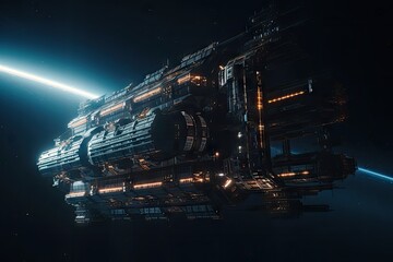 Poster - a futuristic space station, with its lights twinkling in the dark of space, created with generative 