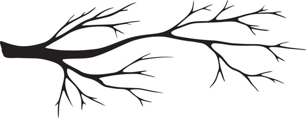 black and white, isolated, graphic, illustration of the silhouette of a dry tree branch without leav
