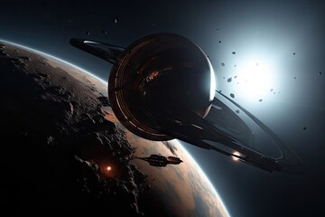 Wall Mural - view of exoplanet, with distant star in the background, and futuristic spaceship flying past, created with generative ai