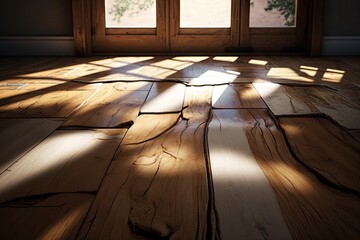 Wall Mural - wooden floor with large natural cracks in sunlight, created with generative ai