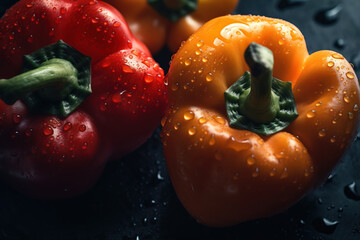  three different colored bell peppers on a black surface with water droplets.  generative ai