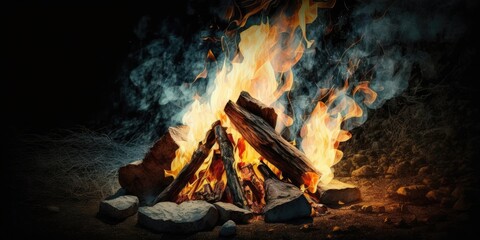 Wall Mural - Burning wood at night. Campfire at touristic camp at nature in mountains. Flame amd fire sparks on dark abstract background. Cooking barbecue outdoor. Hellish fire element. Fuel, power and energy