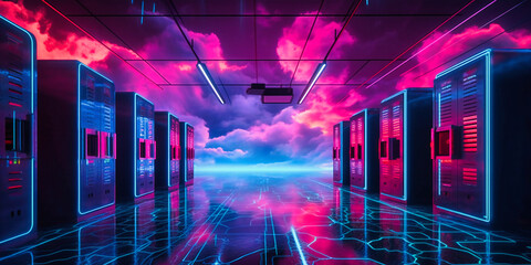Wall Mural - a server room with blue neon lights and clouds in the night
