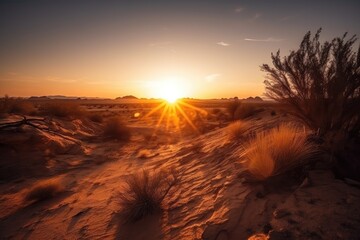 Sticker - desert sunrise, with the sun peeking over the horizon and casting warm light on the landscape, created with generative ai