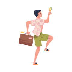 Sticker - Happy young man with luggage and glass of cocktail going on summer vacation trip cartoon vector illustration