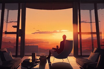 Wall Mural - persona, relaxing in plush chair on patio, with view of the sunset, created with generative ai