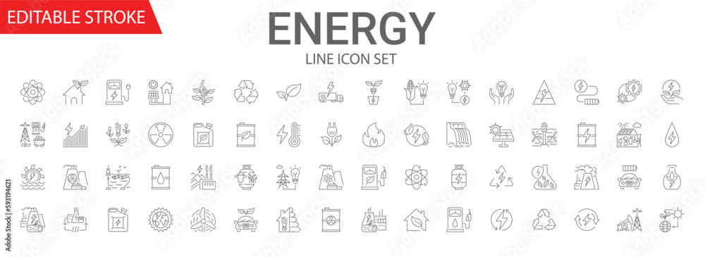 Energy related vector linear icon set. Energy industry. Electricity manufacturing technologies and modern facilities. Vector outline illustration Isolated on white background. Editable stroke