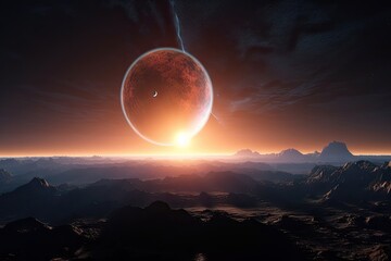 Poster - distant exoplanet, with view of its star in the background, and surrounding space composed of nebula