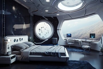Wall Mural - bedroom with view of the stars and distant planets, with futuristic spacesuit hanging on the wall, created with generative ai