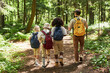 © Seventyfour - Back view at diverse group of scouts hiking in forest with adult leader lit by sunlight