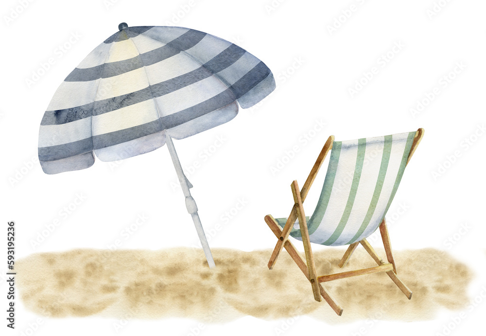 Hand drawn watercolor composition. Striped beach accessories, umbrellas ...