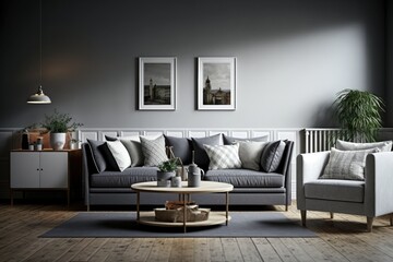 Wall Mural - furniture arrangement in living room on grey background with hardwood floor, created with generative