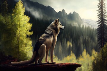 Wall Mural - wolf gazing out over lush forest, with tall trees in the distance, created with generative ai