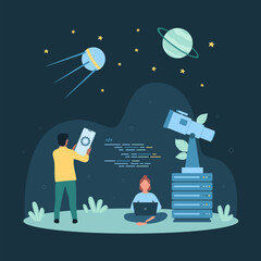 Wall Mural - Space discovery with observatory telescope, astronomy science vector illustration. Cartoon astronomer characters holding phone and laptop to observe and study satellite, stars and planets of galaxy