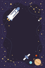 cartoon spaceship flying in night sky to explore galaxy along route line, blue cosmos background wit