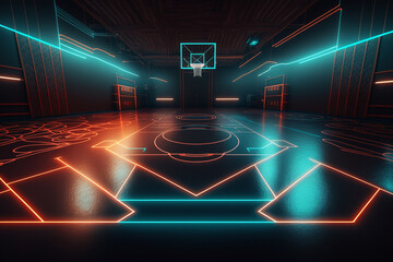 Wall Mural - Futuristic basketball court made of neon lights. Generative ai.