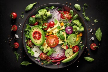 Dietary menu. Fresh vegetables in a healthy salad with tomatoes, avocado, arugula, radish, and seeds in a bowl. vegan cuisine Lay flat. a top view. Generative AI