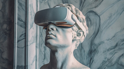 Statue of man wearing virtual reality goggles against background of gray concrete wall. Bust of male with glasses. Generative AI. High quality illustration