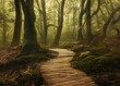 Whimsical scenery of a  wooden pathway in a dark foggy magical forest with tall trees and greenery