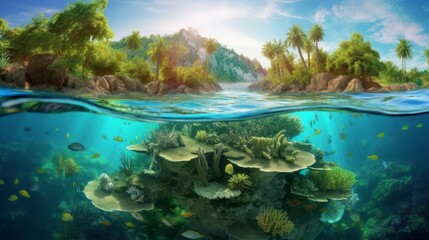 Photo of underwater sea life and beautiful tropical island in the background. Under the water is a hyperdetailed marine life, coral reef with many fish and shells. AI generated photo.