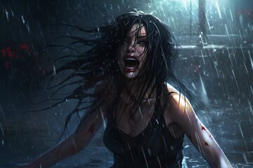 Poster - female vampire wailing in heavy rain. in the style of anime and manga. generative AI