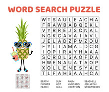Summer Word Search Game Puzzle For Kids. Vacation, Beach, Sea. English Words. Cartoon, Vector