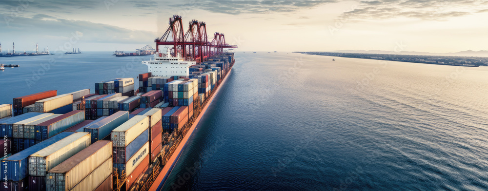 Container ship carrying container boxes import export dock with quay ...