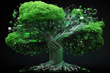 Electronic Tree. Modern GPU. flow of information information processing AI network technology or the notion of green and renewable energy. Generative AI