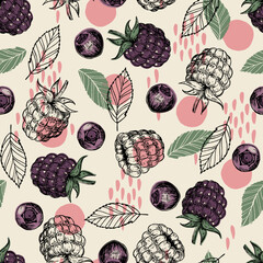 Seamless vintage pattern with blueberries and blackberries. Hand drawn pattern on beige background. For fabric, drawing labels, print, fruit background