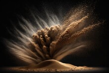 Abstract Cloud Of Sand. Splashes Of Brown Sand Against A Dark Background. Burst Of Brown Dust. Generative AI