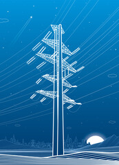 Wall Mural - High voltage transmission systems. Electric pole. Power lines. A network of interconnected electrical. Energy pylons. City electricity infrastructure. White otlines on blue background. Vector design