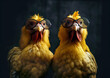 Cool chickens pose in the photo studio. Despite being in an unfamiliar environment, the animal feels good. AI generated image.