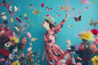 art woman colorful falling flower beauty summer peony fashion spring flying. Generative AI.